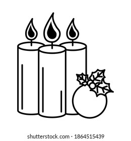 Christmas candle and holly berry icon on white background.