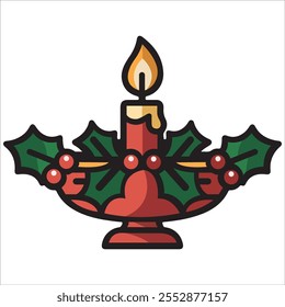 Vela de Natal com Holly Folhas Ilustração Vetor, vela de Natal e baga de azevinho. Ilustração vetorial, bagas e ornamentos. Perfeito para projetos de férias, cartões,