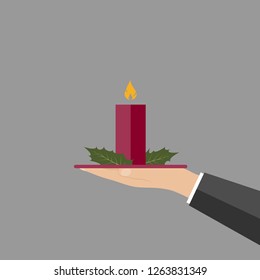 Christmas candle with holly on wooden tray. Festive christmas decoration. Vector isolated illustration