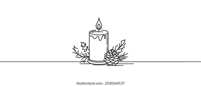 Christmas candle icon, candle with bell drawn with one continuous line. Vector illustration.