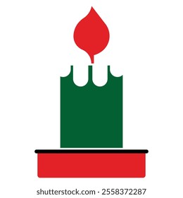 Christmas candle illustration, geometric shapes, red flame, green body, red base, festive design, holiday symbol, simple vector graphic, clean lines, bold colors, iconic representation.