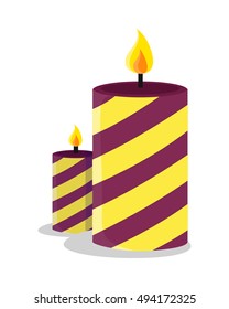 Christmas candle illustration. Striped holiday candles isolated on white. Merry Christmas and Happy New Year concept. Candle light. Two burning colorful xmas symbols. Decorative wax elements. Vector.
