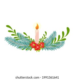 Christmas candle illustration. Christmas wreath of holly with red berries. Green leaf. New Year holiday celebration in December