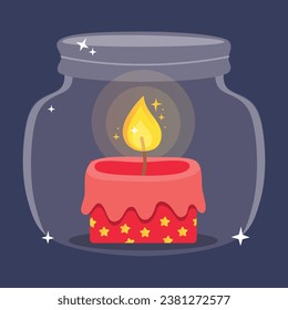 Christmas candle in a jar. Burning red candle. Red candle with gold stars. Vector illustration. 