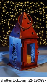 Christmas Candle lamp with candle inside , christmas tree on left side, stars upstairs and lights on dark background