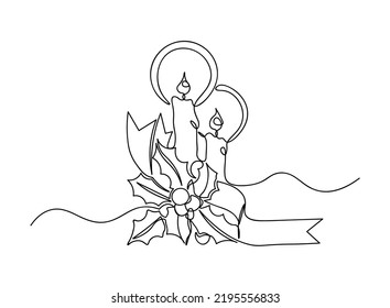 Christmas candle light . Continuous line drawing, Vector illustration