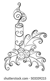 Christmas candle with mistletoe. Abstract vector isolated illustration. Hand-drawn floral zentangle cartoon decorative outline. Adult coloring book. Eps 8.