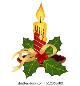 Christmas candle and mistletoe. Icon for web and mobile application. Vector illustration on a white background. Happy new year 2017.