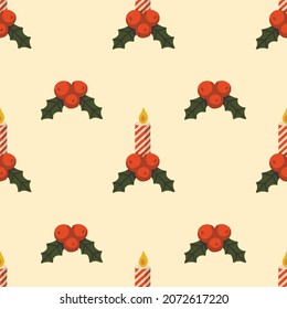 Christmas candle and mistletoe seamless pattern Christmas light Christmas red candles holly leaves Colorful decorative element for the design of Christmas products Vector illustration Gift wrapping