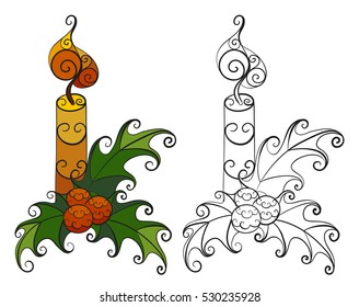 Christmas candle with mistletoe set. Abstract vector isolated illustration. Hand-drawn collection. Black and multicolored objects. Adult coloring book. Eps 8.