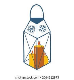Christmas candle with ornaments. Aromatic candles in candlesticks, holders and glass for loft decor. Cute hand drawn hygge interior decorations. Holiday decorative design element for aroma therapy