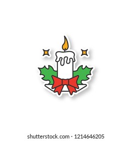 Christmas candle patch. Xmas candle with bow and mistletoe leaves. Color sticker. Vector isolated illustration