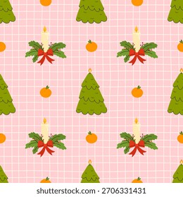 Padrão de vela de Natal com árvores festivas verdes, laranjas e decoração de férias clássica em um fundo de grade rosa macio. Perfeito para embalagem, têxteis e artigos de papelaria.