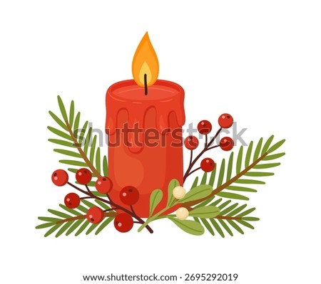 Christmas candle with pine branches, red berries, and a pine cone. Flat vector illustration. Perfect for holiday cards, winter decor, invitations, and festive design projects. Vector illustration