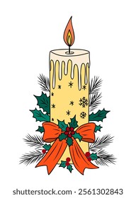 Christmas candle with ribbon bow and holly leaves and berries. Outline colored hand drawn sketch line art Vector illustration isolated on white background	
