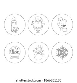 Christmas Candle, Santa Claus, Glove, Snowball, Snowman, Snowflake Outline Icon Bundle