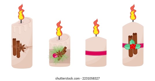 La vela navideña con decoraciones diferentes. Ilustración vectorial.