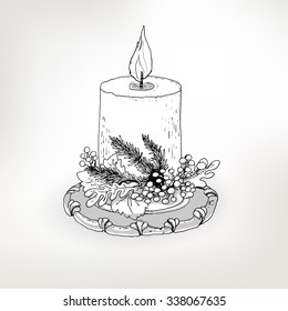 Christmas candle sketch vector illustration for winter holidays design. Hand drawn vintage style graphics.