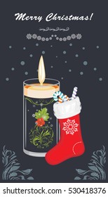 Christmas candle and sock on the dark blue background. Postcard. Vector