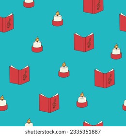 A Christmas candle and songbook seamless pattern on a background in a hand-drawn minimal xmas concept, Vector