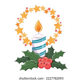 Christmas candle with stars and holly. Vector isolated image on a white background.