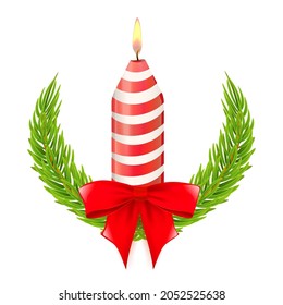 Christmas candle with stripes, bow and fir branches. Design elelement for New Year greeting cards. Isolated and editable vector illustration