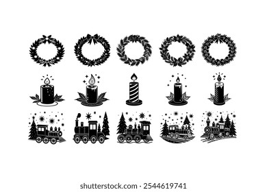 Vela de Natal, trem e arco vetor conjunto para desenhos festivos
