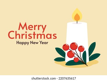 Christmas candle vector. Christmas candle and holly berry. Vector illustration.