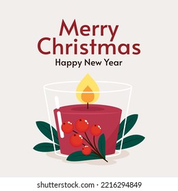 Christmas candle vector. Christmas candle and holly berry. Vector illustration.