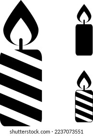 Christmas candle, vector icon. Striped candle and solid color candle, black icons.
