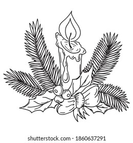 Christmas candle. Vector illustration of Christmas decor, candle, decoration. Hand drawn.