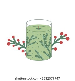 Vela de Natal. Bolinhas de inverno. Ilustração plana desenhada à mão do vetor isolada no fundo branco.