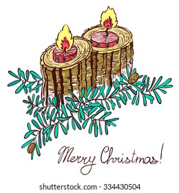 Christmas candle wooden decoration with fur tree branches. Winter celebration design element in doodle style. Christmas card with Merry Christmas hand drawing lettering. Vector illustration on white