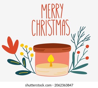 Christmas candle with a wreath of fir twigs. Home decor for New Year and winter holidays. Merry Christmas hand draw inscription. Vector cartoon illustration. 

