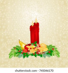 Christmas candlelights with fruit and spruce vintage vector illustration editable hand draw