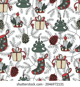 Christmas candles, Christmas balls in the form of trees, Christmas socks, boxes of gifts and cones on the background of a Christmas tree vector seamless pattern. Winter background for packaging