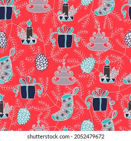 Christmas candles, Christmas balls in the form of trees, Christmas socks, boxes of gifts and cones on the background of a Christmas tree vector seamless pattern. Winter background for packaging
