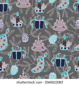 Christmas candles, Christmas balls in the form of trees, Christmas socks, boxes of gifts and cones on the background of a Christmas tree vector seamless pattern. Winter background for packaging