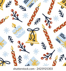 Christmas candles, bells seamless pattern. Christmas and New Year background