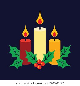 Christmas Candles with Berry Leaves Vector Art Illustration