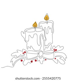 Christmas candles with a bow and pine branches in one line drawing style. Vector minimalist illustration.