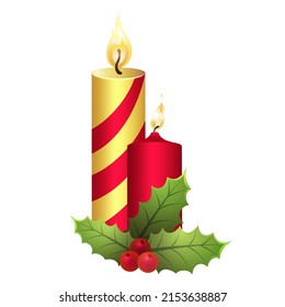 Christmas candles with burning flame festive mistletoe composition vector illustration. Elegant Xmas eve light ornamental shiny holiday decor. New year winter season event bright wax celebration