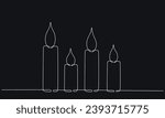 Christmas candles with burning flame. One continuous single line hand drawing art. Vector stock illustration isolated on black background for design template greeting card, invitation. Editable stroke