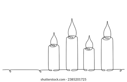 Christmas candles with burning flame. One continuous single line hand drawing art. Vector stock illustration isolated on white background for design template greeting card, invitation. Editable stroke