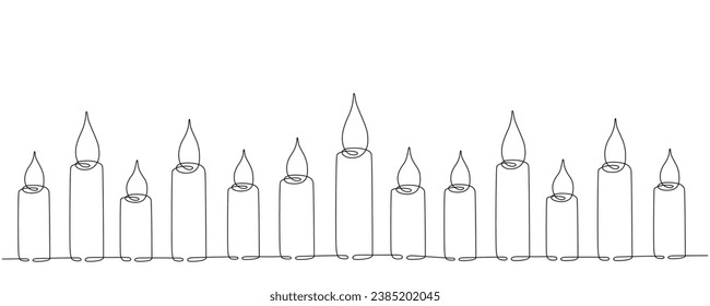 Christmas candles with burning flame. One continuous single line hand drawing art. Vector stock illustration isolated on white background for design template greeting card, invitation. Editable stroke