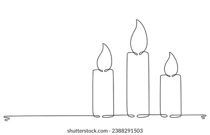 Christmas candles with burning flame. One continuous single line hand drawing art. Vector stock illustration isolated on white background for design template greeting card, invitation. Editable stroke