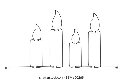 Christmas candles with burning flame. One continuous single line hand drawing art. Vector stock illustration isolated on background for design template greeting card, invitation. Editable stroke