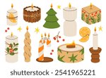 Christmas candles. Cartoon xmas decor burning candles, winter holidays wax candles with Christmas decorations, Noel home interior decor flat vector illustration set. Xmas candles collection