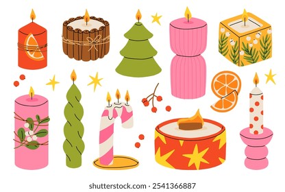 Christmas candles. Cartoon xmas decor burning candles, winter holidays wax candles with Christmas decorations, Noel home interior decor flat vector illustration set. Xmas candles collection