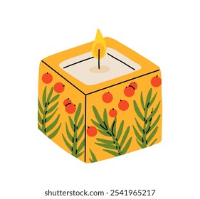 Christmas candles. Cartoon xmas decor burning candles, winter holidays wax candles with Christmas decorations, Noel home interior decor flat vector illustration set. Xmas candles collection